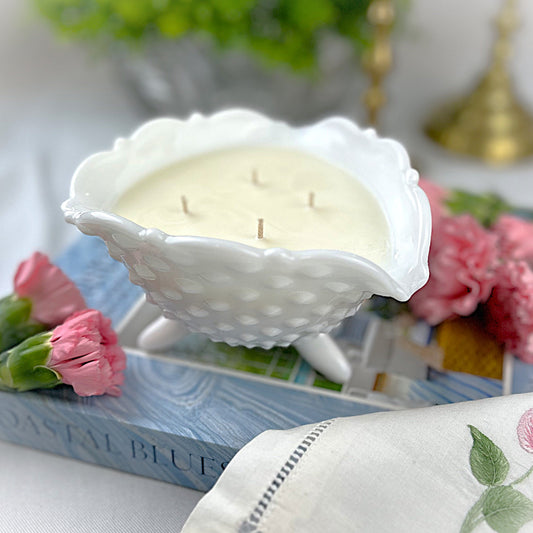 Mint & Eucalyptus Candle in a Footed Hobnail Milk Glass Bowl