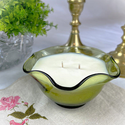 Whispering Peony Candle in an Avocado Green Ruffled Edge Bowl