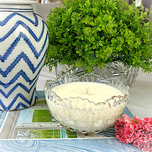 Lavender Bouquet Candle in a Crystal Cut Bowl